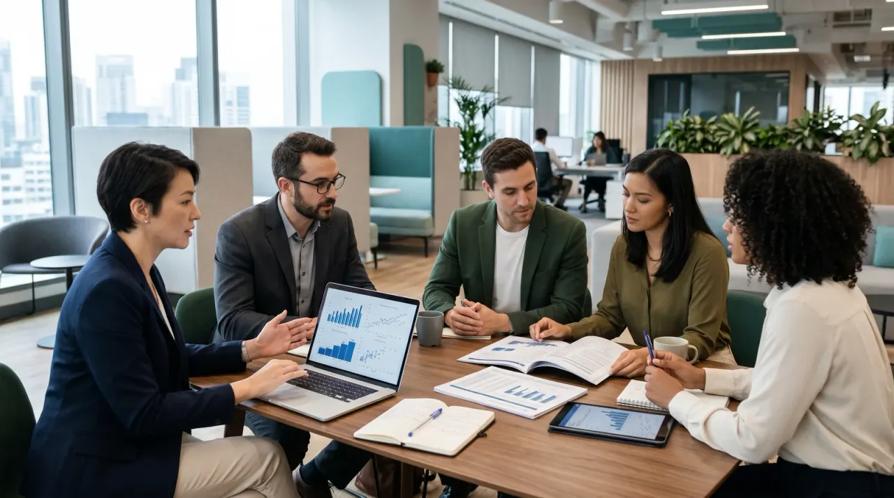 Fünf Personen besprechen Berichte und einen Laptop mit Diagrammen an einem Holztisch
