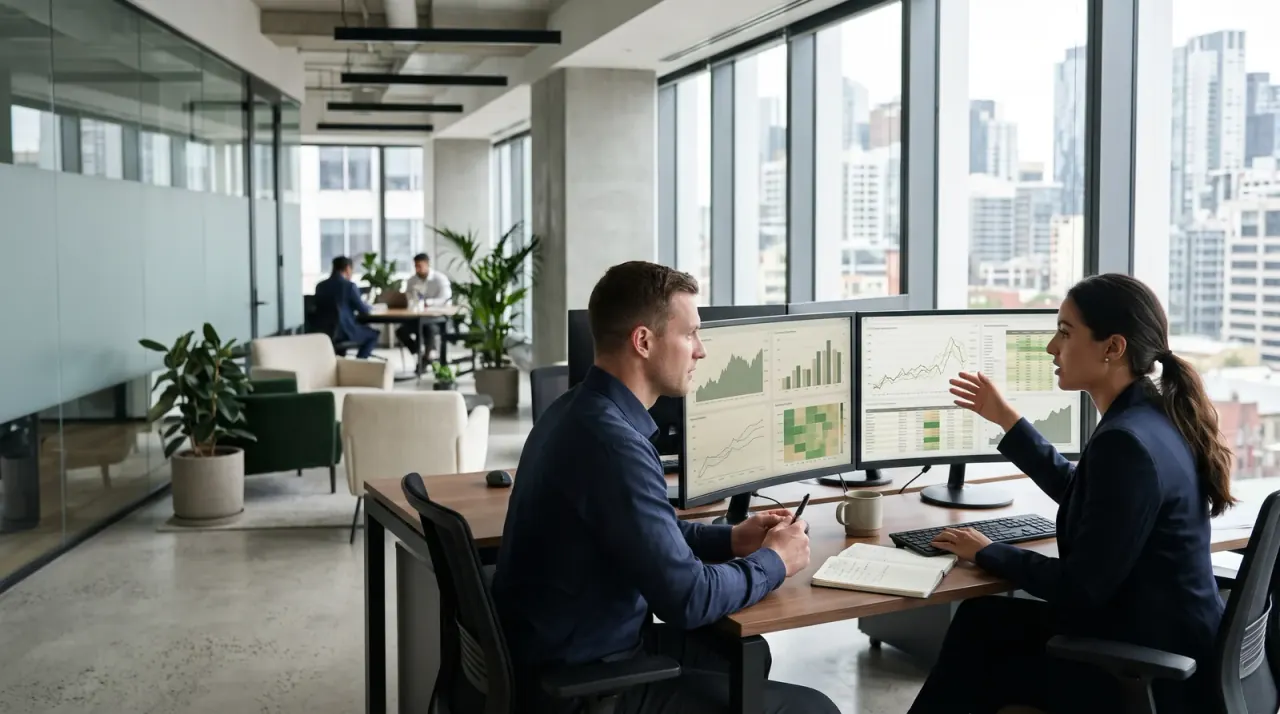 Zwei Personen besprechen Diagramme auf Monitoren in einem hellen Büro mit Fensterfront