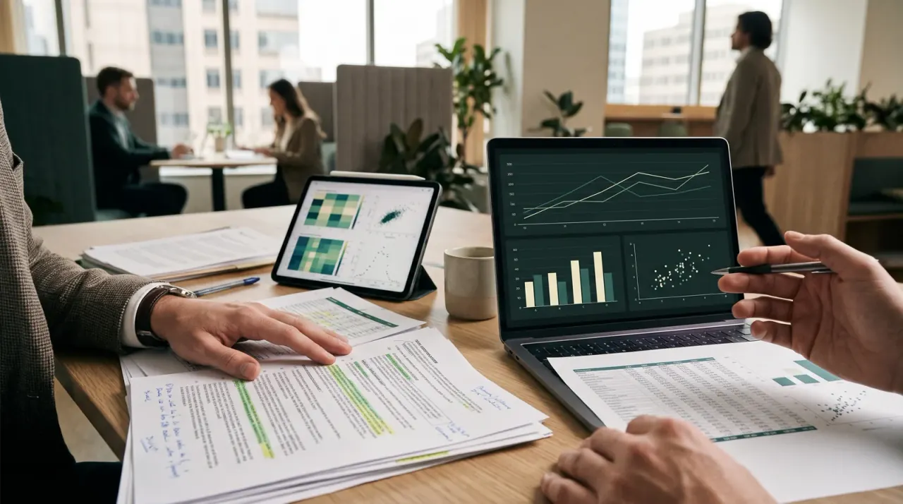 Hände vergleichen gedruckte Tabellen neben Laptop und Tablet mit Diagrammen